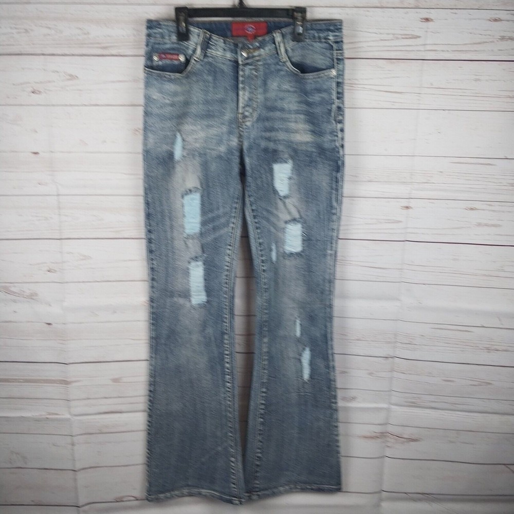 2G Two G Wear Jeans Distressed Stonewash Denim Flared Leg Womens Sz L 30x33 Y2K